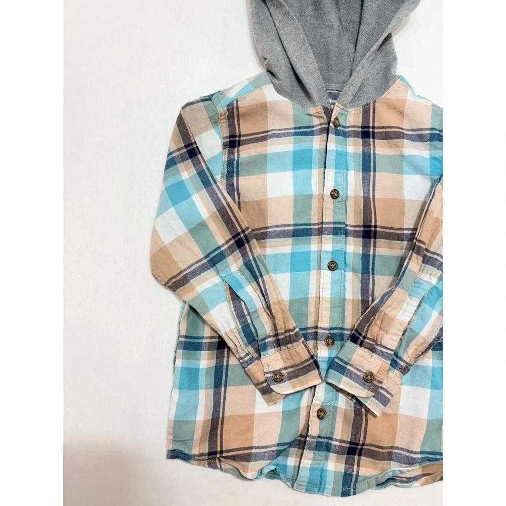 Carter's Boys Blue Tan Plaid Hooded Flannel Button Down Shirt Size 7
